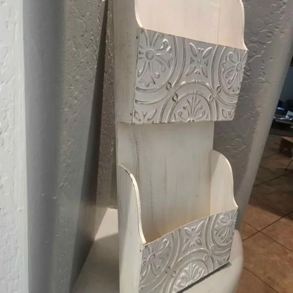 Distressed White 2-Tier Wooden and Metal Wall Mail Organizer 26